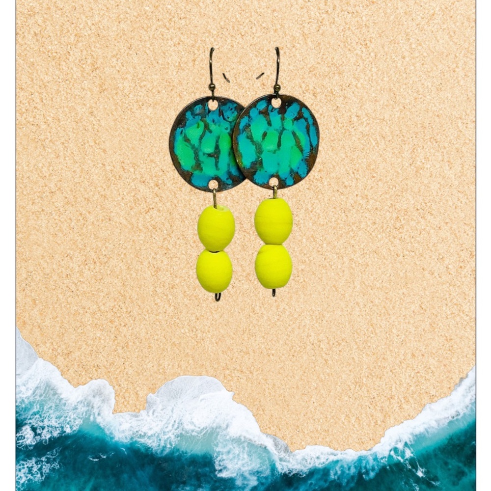 BOUTIQUE Vibrant Green and Yellow Dangle Charm Earrings, Beaded Earrings